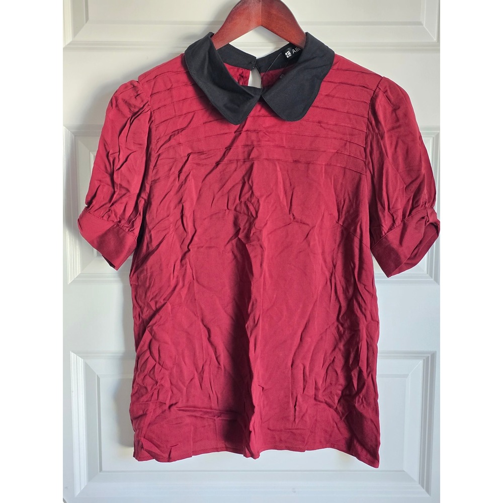 Allegra K Womens Short Sleeve Peter Pan Collar Pintuck Blouse Burgundy Red M